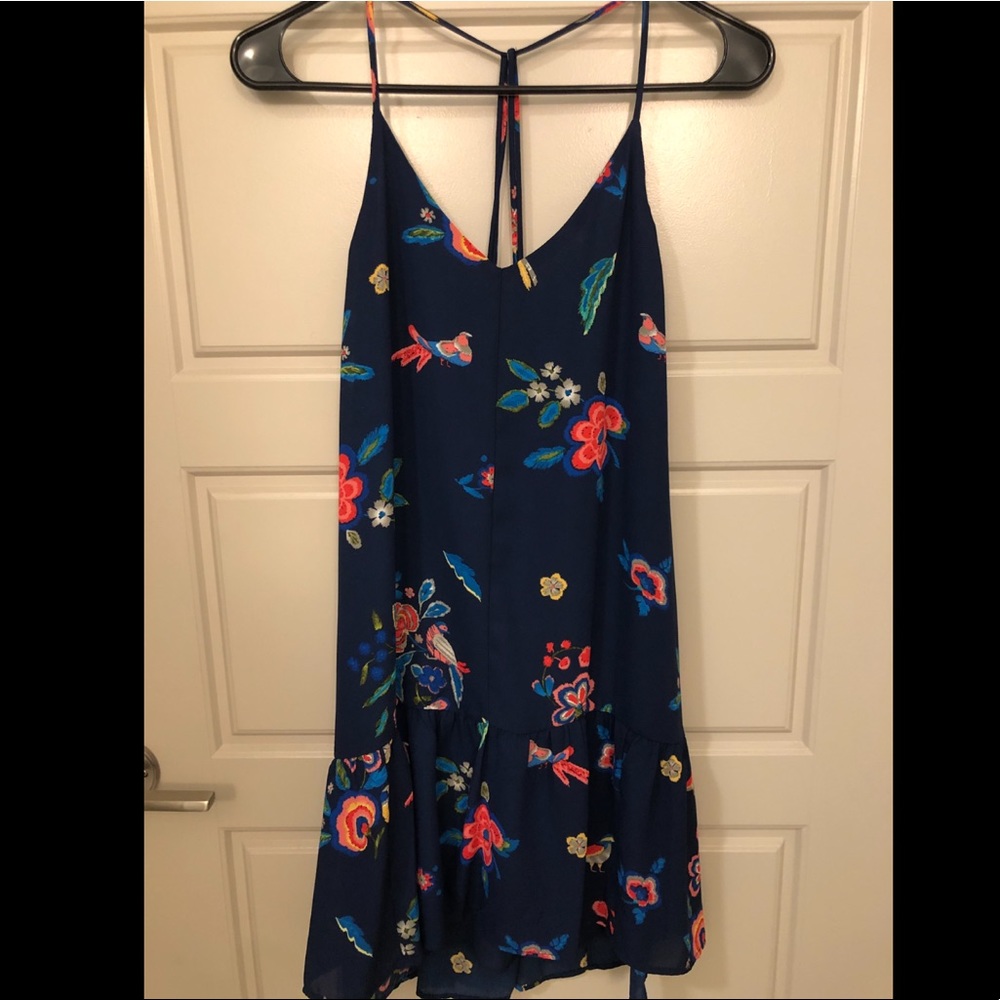 Aqua Navy Tropical Floral and Bird Print Dress